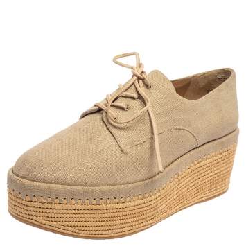 Pre Owned Stuart Weitzman Beige Canvas Wedge Espadrille Platform Lace Up Derby Size 38.5