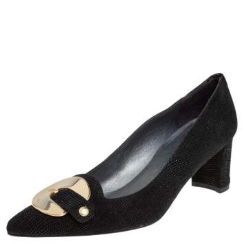 Pre Owned Stuart Weitzman Black Suede Buckle Pointed Toe Pumps Size 38.5