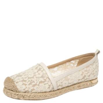 Pre Owned Stuart Weitzman Off-white Lace And Leather Trim Meshuga Espadrille Flats Size 35