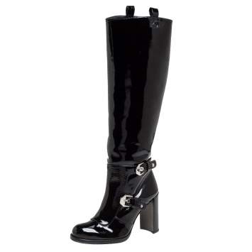 Pre Owned Stuart Weitzman Black Patent Leather Biker Knee Length Boots Size 36