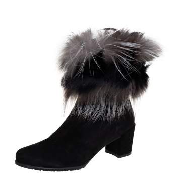 Pre Owned Stuart Weitzman Black Suede And Fox Fur Befoxy Londra Ankle Boots Size 39