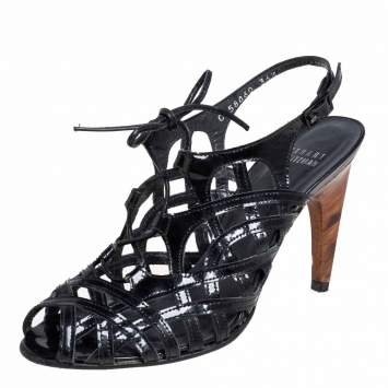 Pre Owned Stuart Weitzman Black Patent Leather Cage Sandals Size 36.5