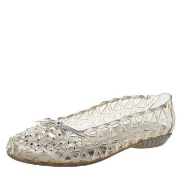 Pre Owned Stuart Weitzman Silver Foil Leather And Crystal Embellished Jelly Laser Cutout Ballet Flats Size 41