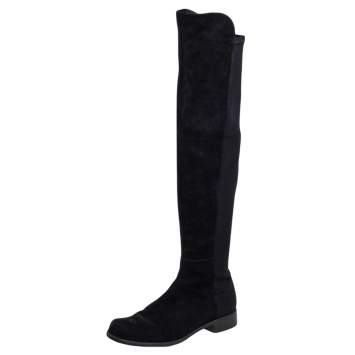 Pre Owned Stuart Weitzman Black Suede/Fabric Knee Length Boots Size 39.5