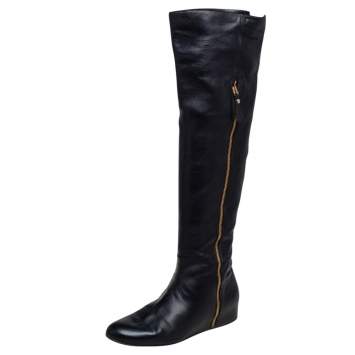 Pre Owned Stuart Weitzman Black Leather and Stretch Fabric Knee Length Flat Boots Sze 39.5 