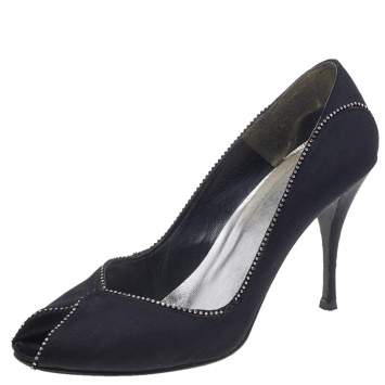 Pre Owned Stuart Weitzman Black Satin Embellished Peep Toe Pumps Size 40