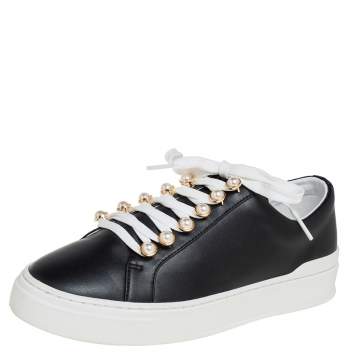 Pre Owned Stuart Weitzman Black Leather Faux Pearl Embellished Low Top Sneakers Size 38.5