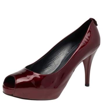 Pre Owned Stuart Weitzman Red Patent Leather Sierra Peep Toe Platform Pumps Size 39.5 