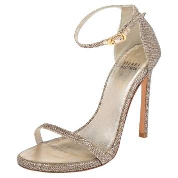 Pre Owned Stuart Weitzman Gold/Silver Metallic Lurex Fabric Nudist Ankle Strap Sandals Size 37
