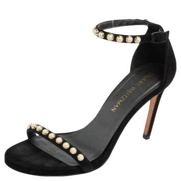 مملوكة مسبقًا Stuart Weitzman Black Suede Faux Pearl Embellished Nudist Sandals Size 37.5