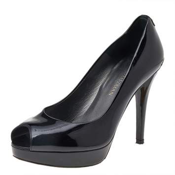 Pre Owned Stuart Weitzman Black Patent Leather Platform Peep Toe Pumps Size 38