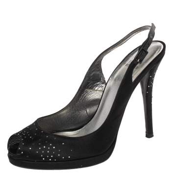 Pre Owned Stuart Weitzman Black Satin  Peep Toe Slingback Sandals Size 39.5