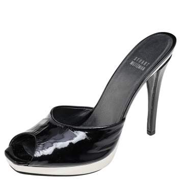 Pre Owned Stuart Weitzman Black Patent Leather Platform Slide Sandals Size 39