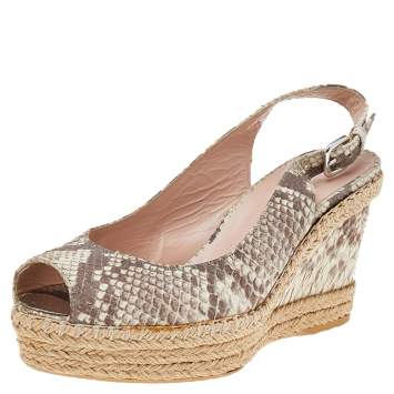 Pre Owned Stuart Weitzman Beige Snakeskin Embossed Leather Espadrille Platform Wedge Slingback Sandals Size 37.5