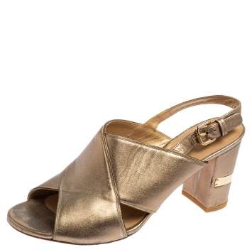 Pre Owned Stuart Weitzman Metallic Gold Leather Block Heel Slingback Sandals Size 39