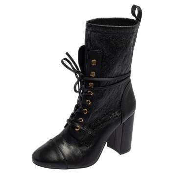 Pre Owned Stuart Weitzman Black Leather Mid Calf Block Heel Boots Size 39.5