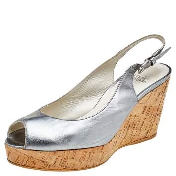 Pre Owned Stuart Weitzman Silver Leather Peep Toe Cork Wedge Slingback Sandals Size 38