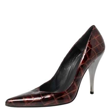 Pre Owned Stuart Weitzman Burgundy Croc Embossed Patent Leather Pointed Toe Pumps Size 40