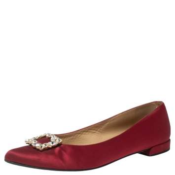 Pre Owned Stuart Weitzman Wine Red Satin Buckle Embellished Ballet Flats Size 38