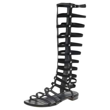 Pre Owned Stuart Weitzman Black Leather Gladiator Sandals Size 38