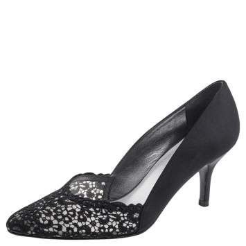 Pre Owned Stuart Weitzman Black Satin and Lace Almond Toe Pumps Size 38
