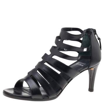 Pre Owned Stuart Weitzman Black Leather Outing Strappy Cage Sandals Size 37