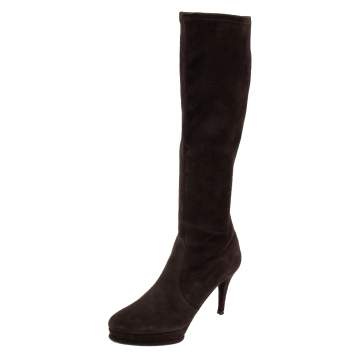 Pre Owned Stuart Weitzman Brown Suede Platform Knee Length Boots Size 38.5