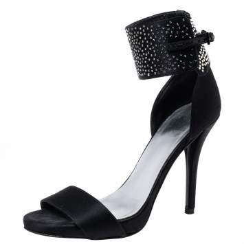 Pre Owned Stuart Weitzman Black Satin Crystal Embellished Ankle Cuff Sandals Size 36