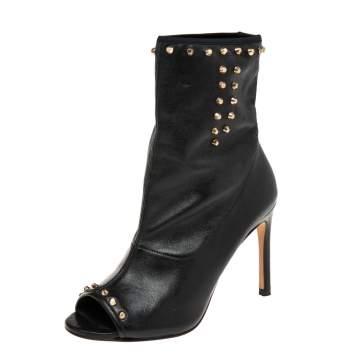 Pre Owned Stuart Weitzman Black Leather Studded Peep Toe Ankle Boots Size 38