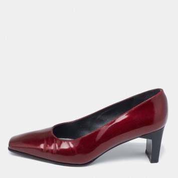 Pre Owned Stuart Weitzman Burgundy Printed Patent Leather Square Toe Pumps Size 36
