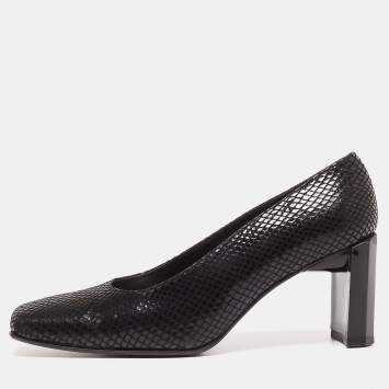 Pre Owned Stuart Weitzman Black Python Embossed Leather Square Toe Pumps Size 36