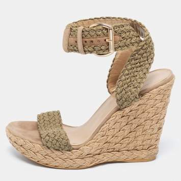 Pre Owned Stuart Weitzman Brown Raffia Wedge Ankle Strap Sandals Size 38.5