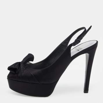 Pre Owned Stuart Weitzman Black Satin Slingback Platform Sandals Size 38