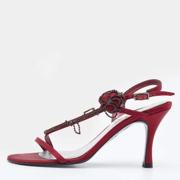 Stuart Weitzman Burgundy Satin Crystal Embellished Slingback Sandals Size 37