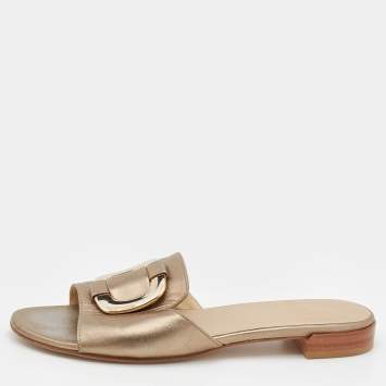 Pre Owned Stuart Weitzman Metallic Gold Leather Slide Sandals Size 39