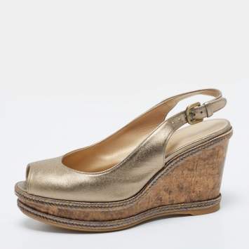 Pre Owned Stuart Weitzman Metallic Gold Leather Jean Peep Toe Cork Wedge Slingback Sandals Size 36.5