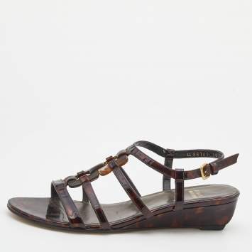 Pre Owned Stuart Weitzman Tortoise Shell Patent Leather Strappy Ankle Strap Sandals Size 39