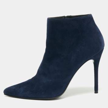 Pre Owned Stuart Weitzman Navy Blue Suede Ankle Length Boots Size 39.5