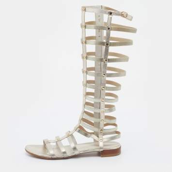 Pre Owned Stuart Weitzman Metallic Gold Leather And Elastic Gladiator Flat Sandals Size 37