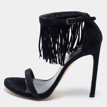 Pre Owned Stuart Weitzman Black Suede Love Fringe Ankle Strap Sandals Size 38