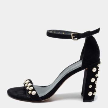 Pre Owned Stuart Weitzman Black Suede Faux Pearl Embellished Nudist Sandals Size 39.5