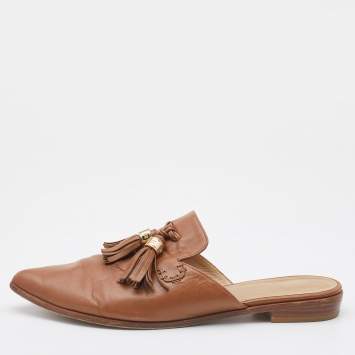 Pre Owned Stuart Weitzman Brown Leather Tassel Pointed Toe Flat Mules Size 40