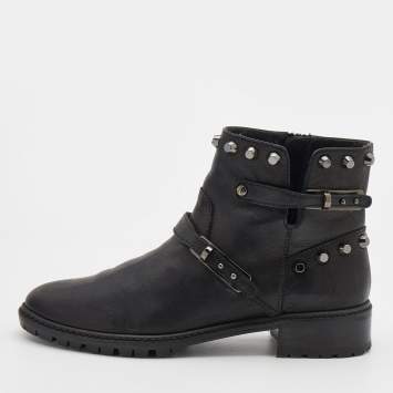 Pre Owned Stuart Weitzman Black Leather Go West Studded Ankle Length Boots Size 38.5