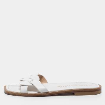 Pre Owned Stuart Weitzman White Leather Flat Slides Size 40