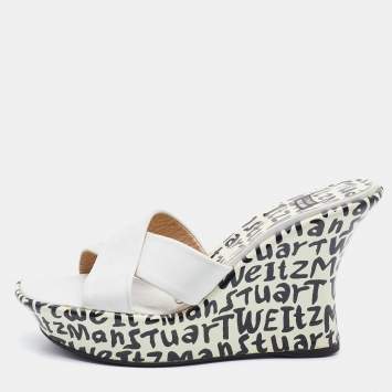 Pre Owned Stuart Weitzman White Leather Criss Cross Platform Slide Sandals Size 37