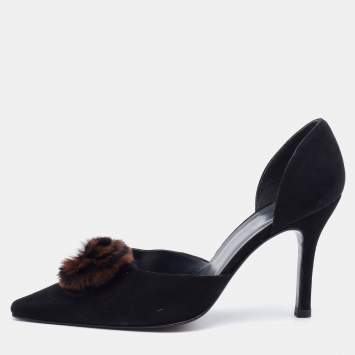 Pre Owned Stuart Weitzman Black Suede Fur Pom Pom D'orsay Pumps Size 37.5