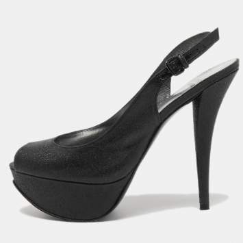 Pre Owned Stuart Weitzman Black Glitter and Leather Peep Toe Slingback Pumps Size 39