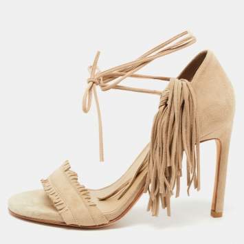 Pre Owned Stuart Weitzman Beige Suede Fringe Ankle Wrap Sandals Size 36