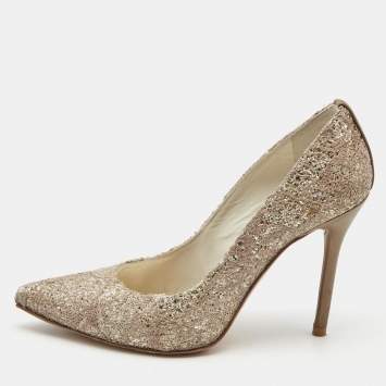 Pre Owned Stuart Weitzman Metallic Bronze/Brown Leather and Glitter Pointed Toe Pumps Size 35