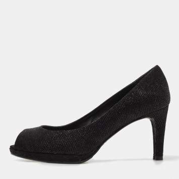Pre Owned Stuart Weitzman Black Textured Leather Peep Toe Platform Pumps Size 38